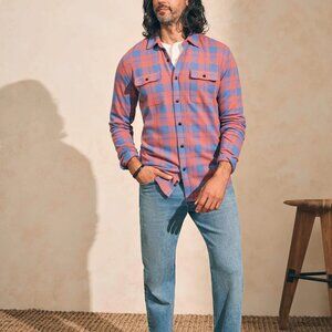 Faherty Legend Sweater Shirt Shacket in Rose Blue Check Plaid Camper Pockets